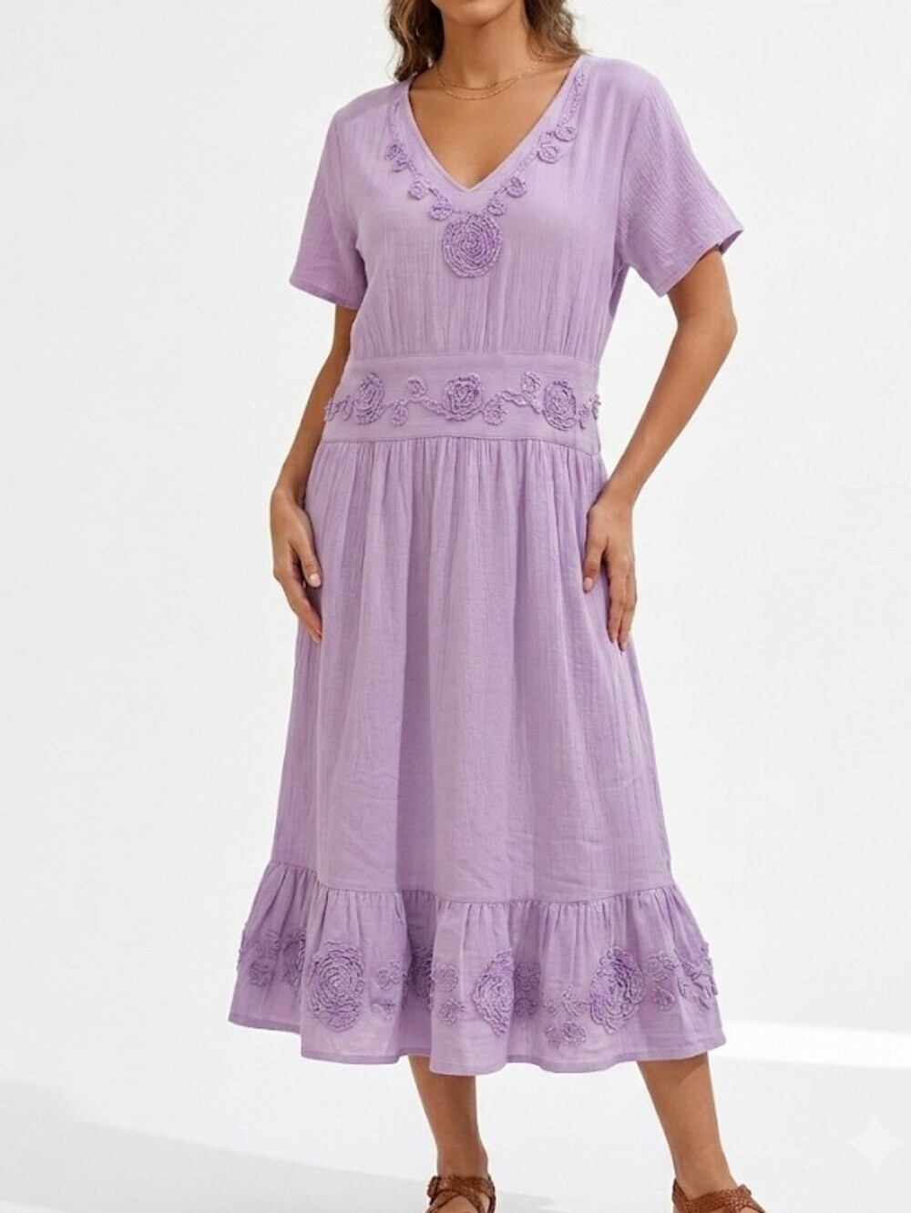 Only Necessities Soft Lavender V-Neck Embroidered Midi Dress